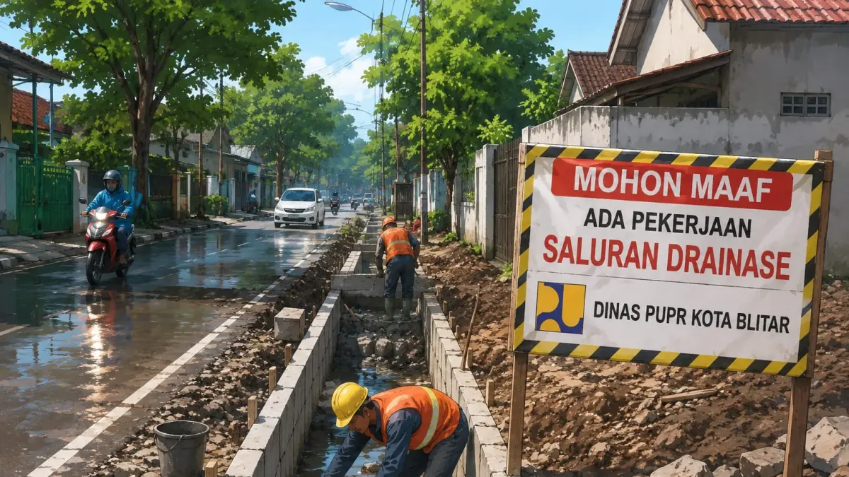 Caption foto:

Ilustrasi AI: Pekerja melakukan perbaikan saluran drainase sebagai upaya penanganan titik rawan genangan air di Kota Blitar.