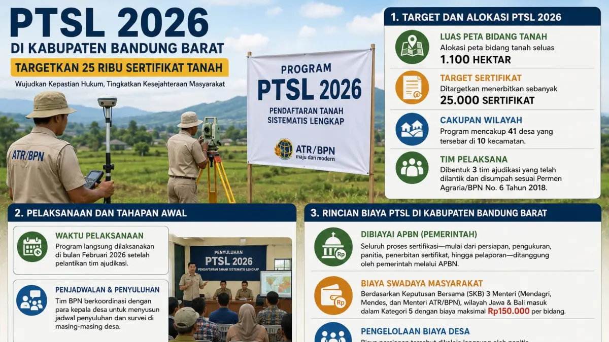 Caption foto:

Ilustrasi AI: Petugas ATR/BPN melakukan pengukuran bidang tanah dalam pelaksanaan Program Pendaftaran Tanah Sistematis Lengkap (PTSL) di Kabupaten Bandung Barat.