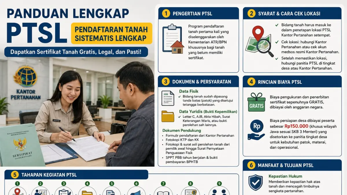 Caption foto:

Ilustrasi AI: Warga berkonsultasi mengenai persyaratan dan tahapan Program Pendaftaran Tanah Sistematis Lengkap (PTSL) di Kantor Pertanahan.