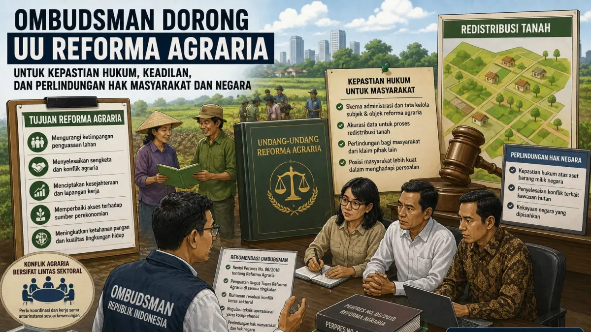 Ilustrasi dorongan Ombudsman RI untuk memperkuat regulasi reforma agraria demi kepastian hukum, keadilan, dan perlindungan hak masyarakat.