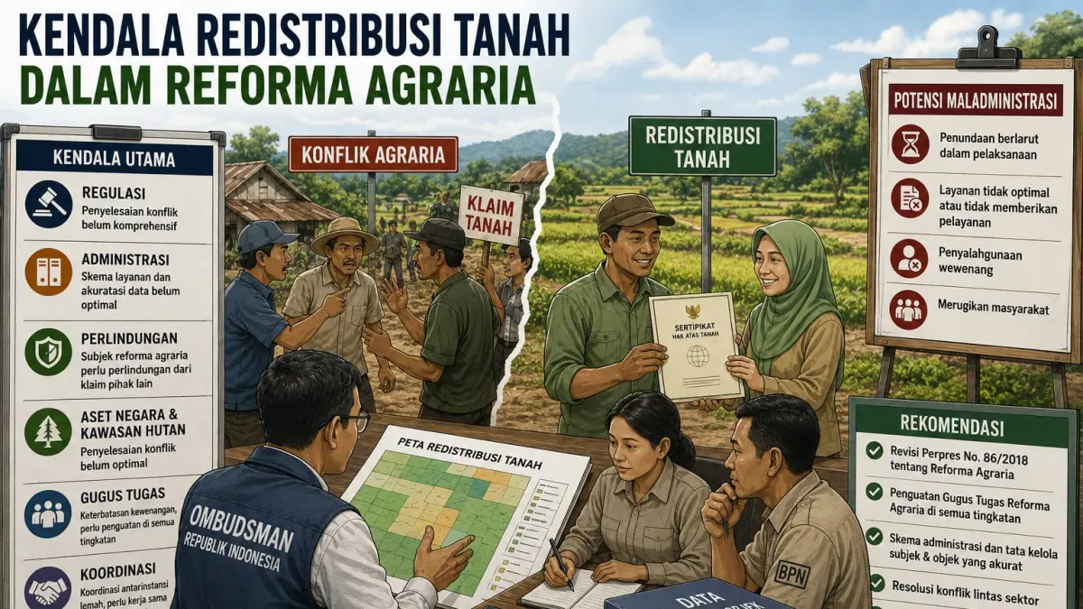 Ilustrasi kendala redistribusi tanah dalam pelaksanaan reforma agraria, mulai dari regulasi, administrasi, konflik agraria hingga koordinasi antarinstansi.
