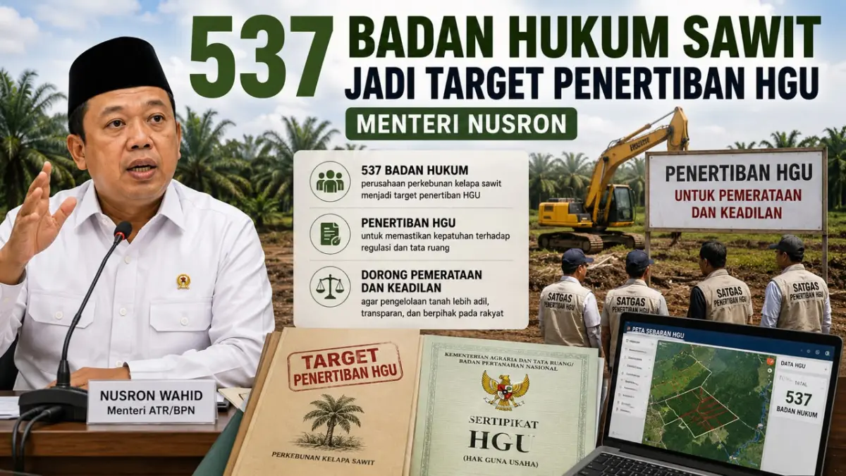 Ilustrasi Penertiban dan penyelesaian HGU bagi 537 badan hukum pemegang IUP kelapa sawit menjadi salah satu target Menteri ATR/BPN Nusron Wahid dalam program 100 hari kerja.