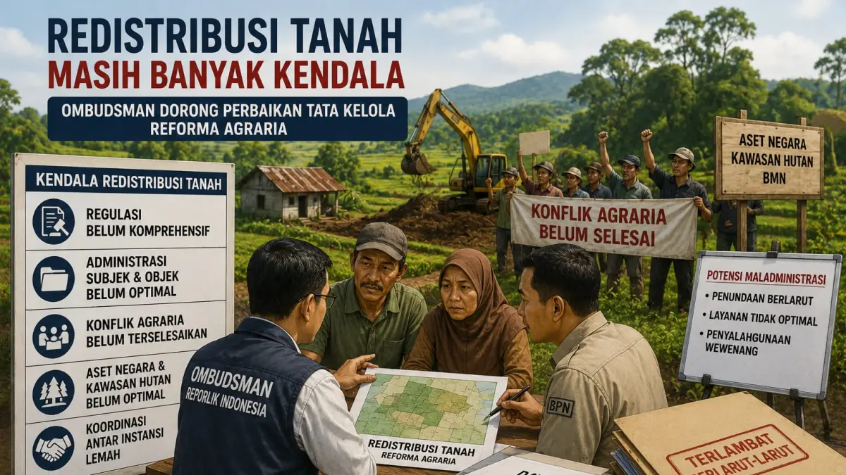 Ilustrasi redistribusi tanah yang masih menghadapi kendala regulasi, administrasi, konflik agraria, dan koordinasi antarinstansi.