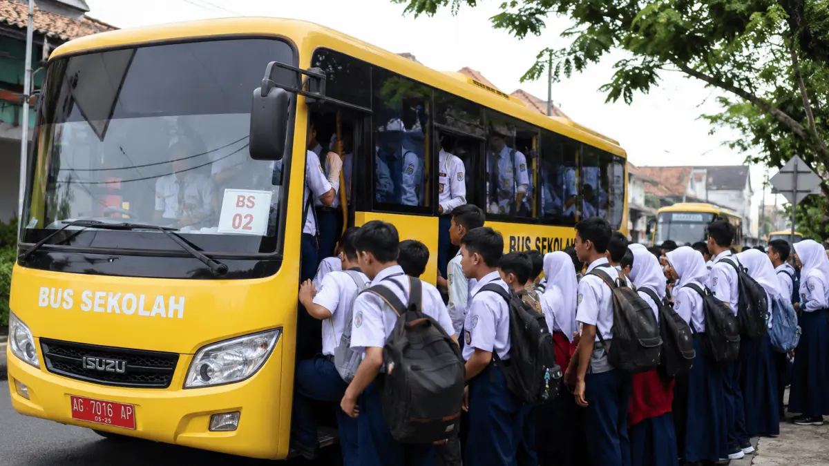 PADAT: Puluhan pelajar memanfaatkan layanan bus sekolah di Kota Blitar saat jam pulang. Tingginya jumlah penumpang membuat kapasitas angkut armada kerap mengalami overload.