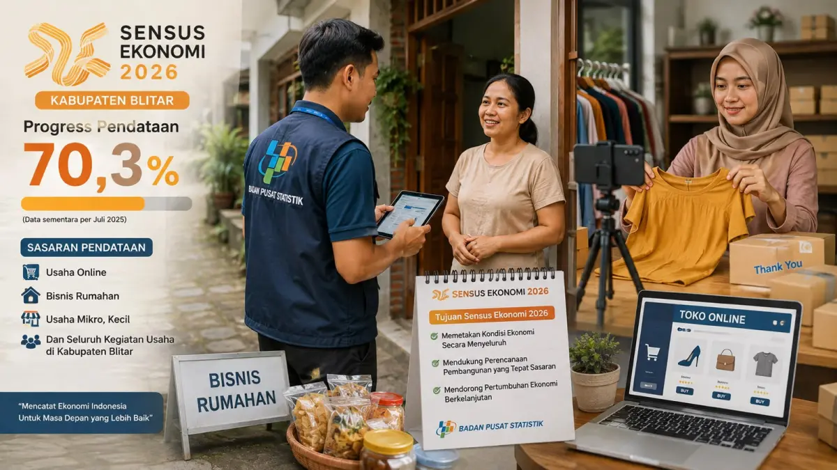 Ilustrasi Petugas BPS Kabupaten Blitar terus mengejar pendataan Sensus Ekonomi 2026 yang hingga akhir Juli mencapai 70,3 persen, termasuk menyasar usaha online dan bisnis rumahan.