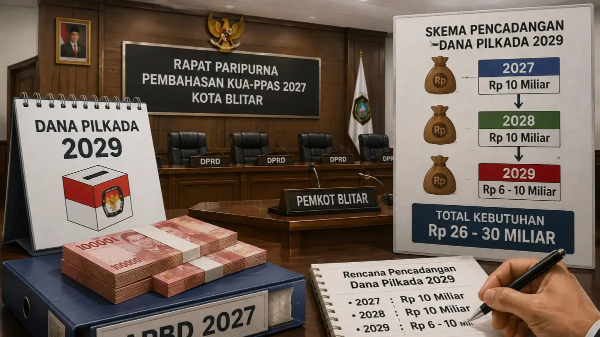 Ilustrasi rencana Pemkot Blitar menyiapkan dana cadangan untuk Pilkada 2029 secara bertahap, dengan usulan Rp10 miliar pada APBD 2027.