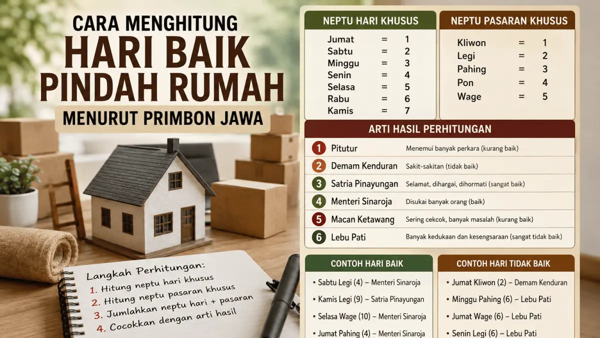 Ilustrasi perhitungan hari baik pindah rumah menurut Primbon Jawa menggunakan neptu hari dan pasaran. Tradisi ini masih dipercaya sebagian masyarakat sebagai pedoman menentukan waktu boyongan agar memperoleh kelancaran, keselamatan, dan keberkahan di tempat tinggal baru.