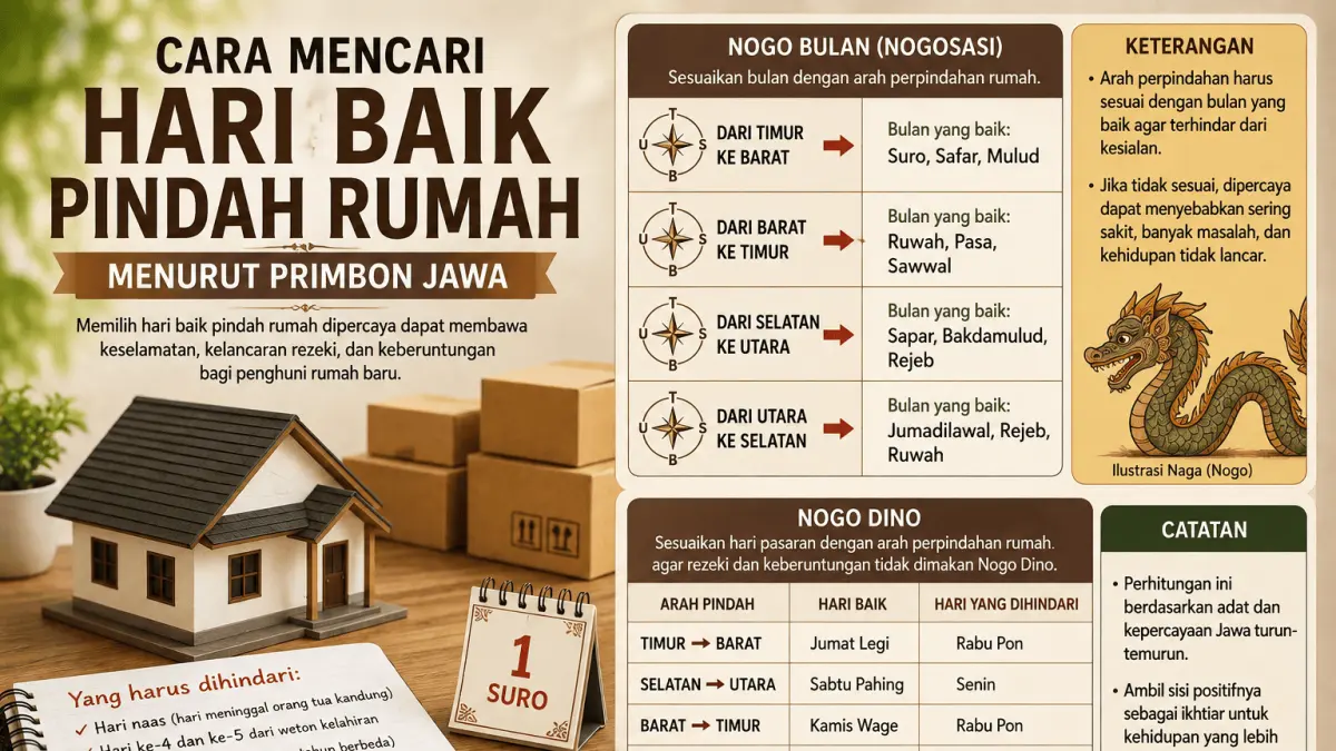Ilustrasi penentuan hari baik pindah rumah menurut perhitungan adat Jawa dengan memperhatikan weton, neptu, arah perpindahan, dan bulan yang dipercaya membawa keberuntungan. Tradisi ini masih menjadi pedoman sebagian masyarakat sebelum menempati rumah baru.