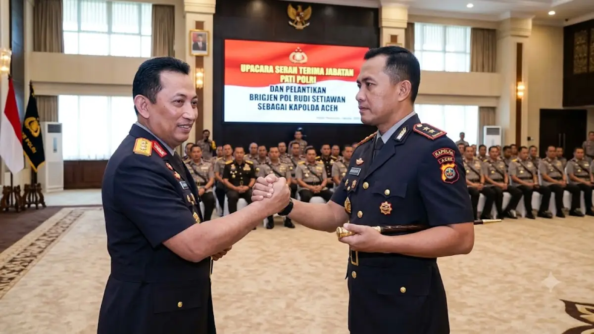 Sebuah foto candid berkesan monumental di dalam Ruang Rapat Utama (Rupatama) Mabes Polri. Sudut pengambilan gambar medium shot dari samping memperlihatkan prosesi penyematan jabatan atau jabat tangan komando antara pejabat tinggi Polri dengan Brigjen Pol Rudi Setiawan yang resmi diangkat sebagai Kapolda Aceh yang baru.