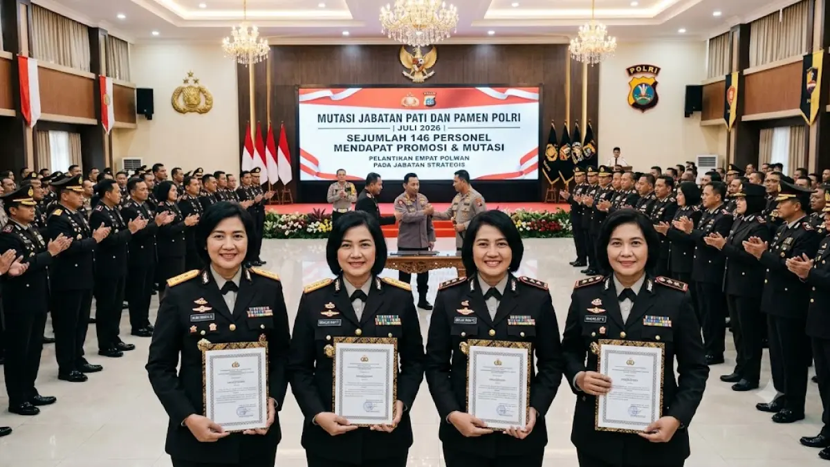 JAKARTA - Mutasi Polri Juli 2026 kembali dilakukan terhadap 146 personel perwira tinggi (Pati) dan perwira menengah (Pamen). Pergantian jabatan tersebut tertuang dalam dua Surat Telegram Kapolri tertanggal 31 Juli 2026 yang mencakup promosi, rotasi, hingga penempatan personel baru.
Mutasi Polri Juli 2026 tercantum dalam Surat Telegram Kapolri Nomor ST/184/7/2026 sebanyak 119 personel dan ST/185/7/2026 sebanyak 27 personel. Dari jumlah tersebut, sebagian besar personel mendapatkan promosi maupun pergeseran jabatan setara.
Kapolri Mutasi 146 Personel, Ratusan Jabatan Mengalami Perubahan
Polri melakukan rotasi jabatan sebagai bagian dari penyegaran organisasi dan penataan sumber daya manusia di lingkungan kepolisian.
Dari total 146 personel yang dimutasi, sebanyak 105 personel mendapatkan promosi maupun pergeseran jabatan secara horizontal atau setara.
Rincian promosi mencakup empat personel naik ke jabatan Inspektur Jenderal Polisi (Irjen Pol), 24 personel promosi menjadi Brigadir Jenderal Polisi (Brigjen Pol), serta 48 personel memperoleh promosi jabatan Komisaris Besar Polisi (Kombes Pol).
Selain itu, terdapat satu personel yang mendapat promosi jabatan Kombes Pol dengan jabatan Kapolrestabes, 12 personel promosi menjadi Ajun Komisaris Besar Polisi (AKBP), serta 11 personel mendapatkan jabatan Kapolres.
Kadiv Hubinter Polri Berganti, Sejumlah Polisi Wanita Dapat Promosi
Salah satu jabatan strategis yang mengalami perubahan dalam mutasi Polri Juli 2026 adalah Kepala Divisi Hubungan Internasional (Kadiv Hubinter) Polri.
Jabatan tersebut kini dipercayakan kepada Brigjen Pol Tung Widyatmoko.
Mutasi kali ini juga memberikan kesempatan promosi kepada empat polisi wanita (Polwan) untuk menduduki jabatan penting.
Empat Polwan tersebut yakni Brigjen Pol Sumi Hastri Purwanti sebagai Karodokpol Pusdokkes Polri, AKBP Bestiana sebagai Wadir Binmas Polda Sumatera Selatan, AKBP Riana Purwasari sebagai Kapolres Padang Pariaman Polda Sumatera Barat, serta AKBP Erma Rahayu Kusumaningro sebagai Kapolres Purworejo Polda Jawa Tengah.
Promosi tersebut menjadi bagian dari upaya Polri memberikan kesempatan pengembangan karier bagi personel berprestasi.
Mutasi Polri Juga Mencakup Pendidikan dan Masa Pensiun
Selain promosi dan rotasi jabatan, Surat Telegram Kapolri tersebut juga mengatur sejumlah status personel lainnya.
Tercatat terdapat enam personel yang selesai menjalani pendidikan, satu personel yang akan mengikuti pendidikan, serta tujuh personel yang tetap berada dalam jabatan sebelumnya.
Selain itu, sebanyak 23 personel memasuki masa pensiun.
Dengan adanya perubahan tersebut, seluruh personel yang mendapatkan amanah baru diharapkan segera menyesuaikan diri dengan tugas dan tanggung jawab masing-masing.
Mutasi Polri Juli 2026 menjadi bagian dari dinamika organisasi untuk menjaga efektivitas pelayanan kepolisian kepada masyarakat.
Polri berharap para pejabat baru dapat menjalankan tugas secara profesional, menjaga integritas, dan memberikan kontribusi positif sesuai bidang masing-masing.