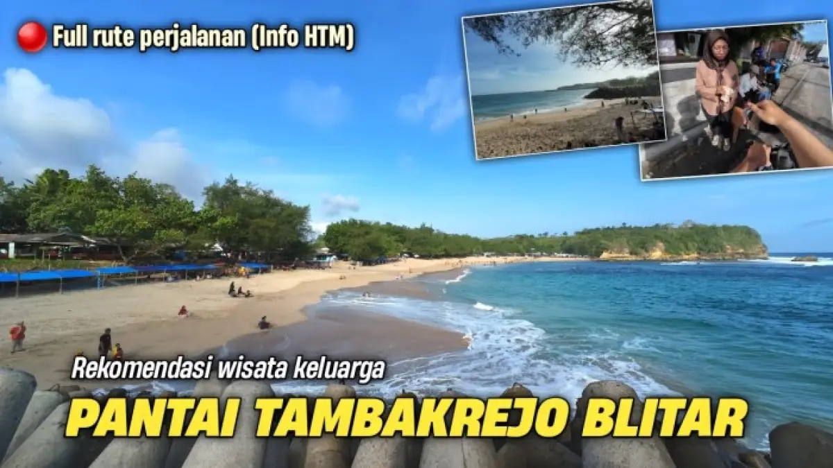 Pantai Tambakrejo Blitar ramai saat Minggu. Tiket Rp10 ribu, parkir Rp5 ribu, ada pasir putih, laut biru dan warung ikan asap.