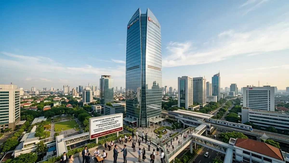 Sebuah foto lanskap editorial yang megah dan inspiratif, diambil dari sudut pandang tinggi (high-angle shot) yang menangkap interaksi harmonis antara keajaiban arsitektur modern dan ambisi manusia. Fokus utama adalah pada gedung pencakar langit CIMB Niaga Tower yang ikonik di Jakarta Selatan, yang menjulang tinggi ke langit biru cerah bulan Agustus yang bersih. Gedung tersebut terbuat dari kaca futuristik yang memantulkan awan putih tipis, melambangkan transparansi, inovasi, dan visi jangka panjang perbankan di tahun 2026.