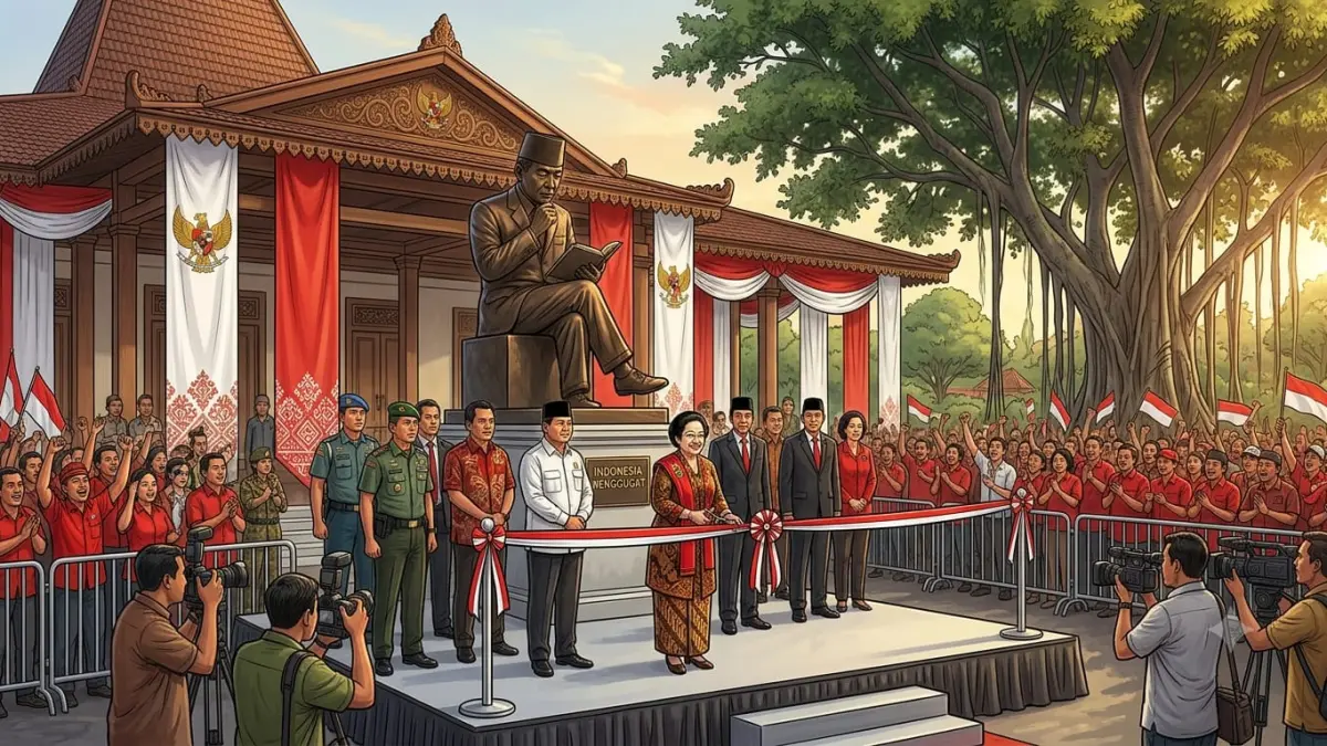 Renovasi Istana Gebang Blitar diresmikan Megawati Soekarnoputri. Patung Bung Karno membaca menjadi simbol kepemimpinan berbasis ilmu dan pendidikan.