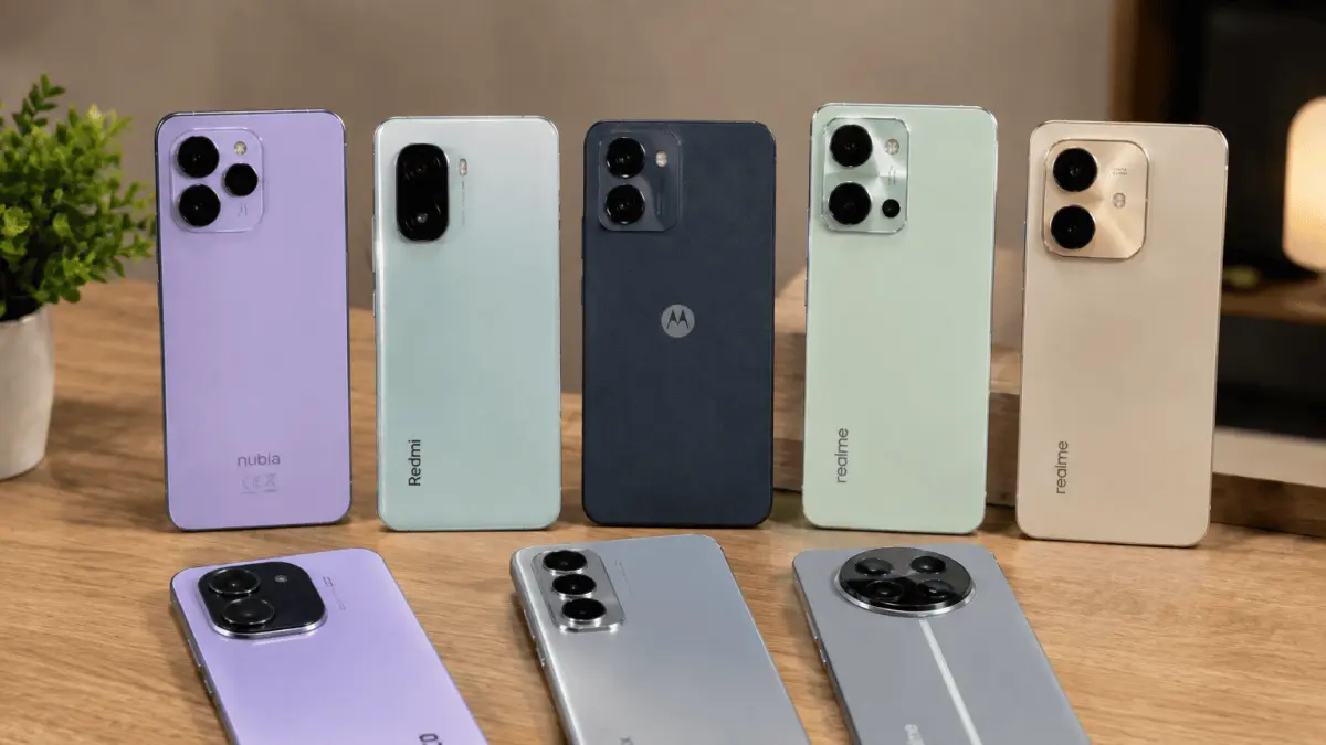 Ilustrasi deretan HP Rp2 jutaan dengan beragam desain dan fitur, mulai dari layar 120 Hz hingga baterai berkapasitas besar.