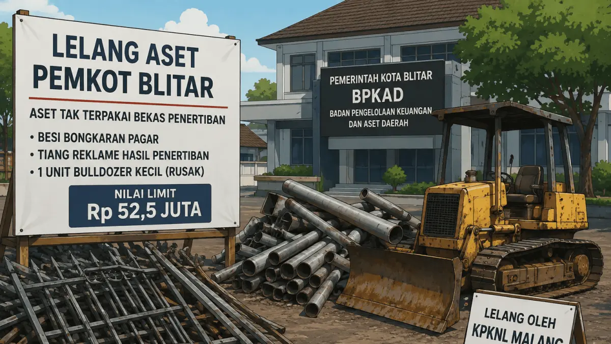 Ilustrasi lelang aset tak terpakai Pemkot Blitar berupa besi bongkaran pagar, tiang reklame, dan bulldozer rusak.