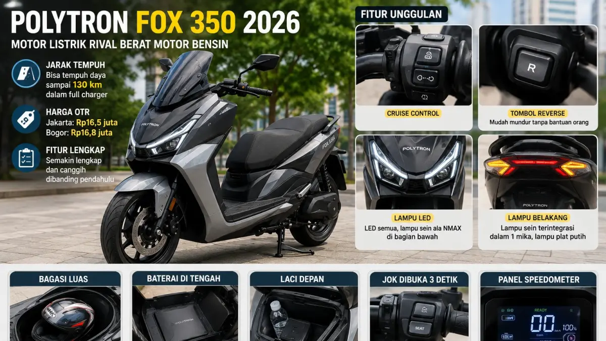 Polytron Fox 350 2026 dibanderol Rp16,5 juta OTR Jakarta dengan jarak tempuh 130 km dan fitur cruise control serta tombol mundur.