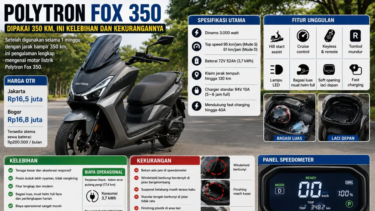 Polytron Fox 350 diuji sejauh 350 km. Simak kelebihan, kekurangan, jarak tempuh, baterai, dan biaya listrik motor listrik ini.