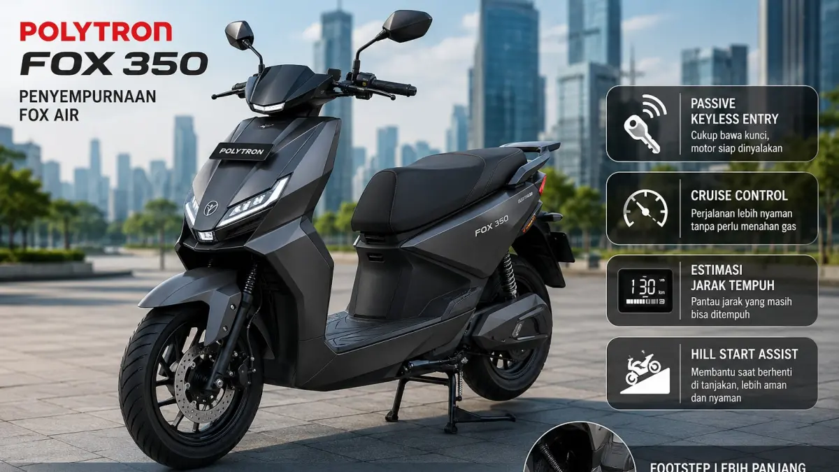 Polytron Fox 350 hadir sebagai penyempurnaan Fox Air dengan suspensi nyaman, cruise control, keyless entry, dan jarak tempuh 130 km.