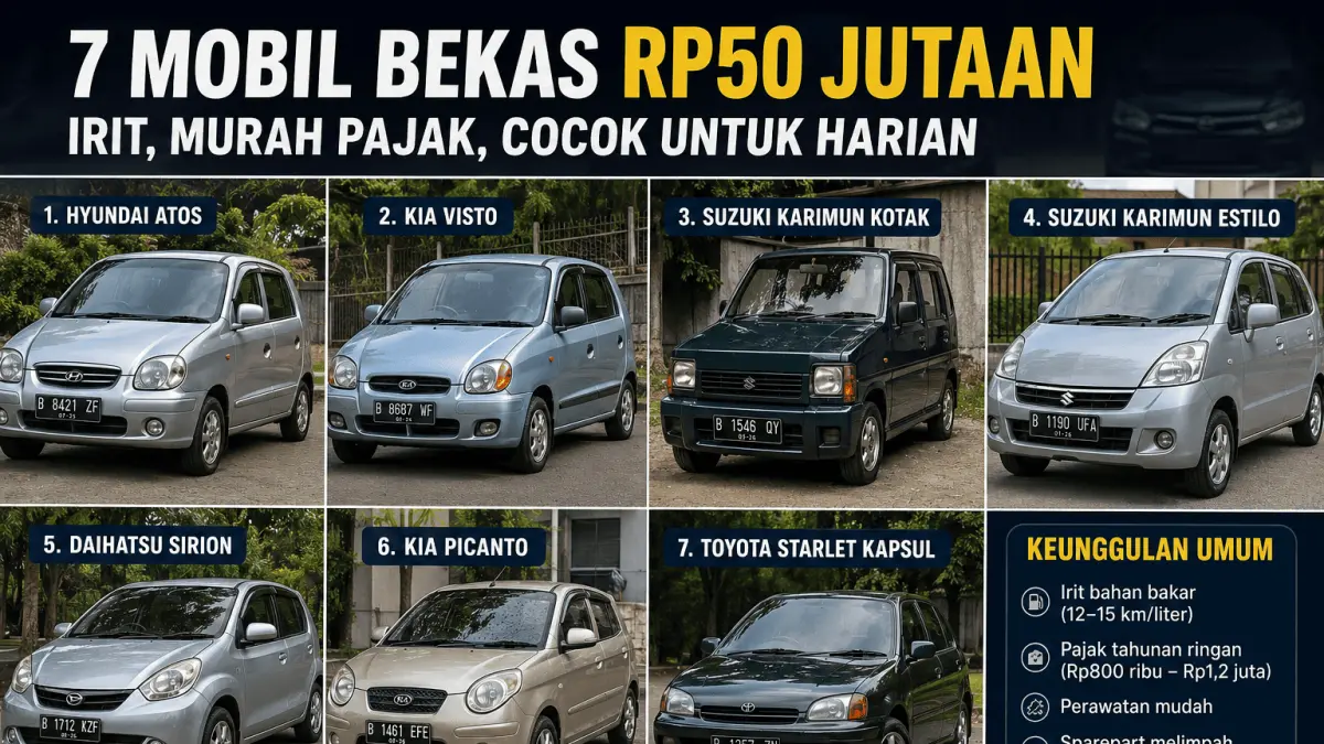 🚗 7 mobil bekas Rp50 jutaan yang irit dan cocok untuk harian. Ada Atos, Visto, Karimun, Sirion, Picanto hingga Starlet Kapsul.