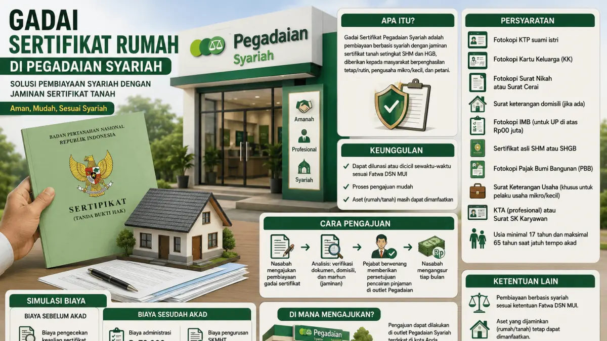 Ilustrasi gadai sertifikat rumah di Pegadaian Syariah dengan jaminan SHM atau SHGB sebagai salah satu pilihan pembiayaan berbasis syariah.