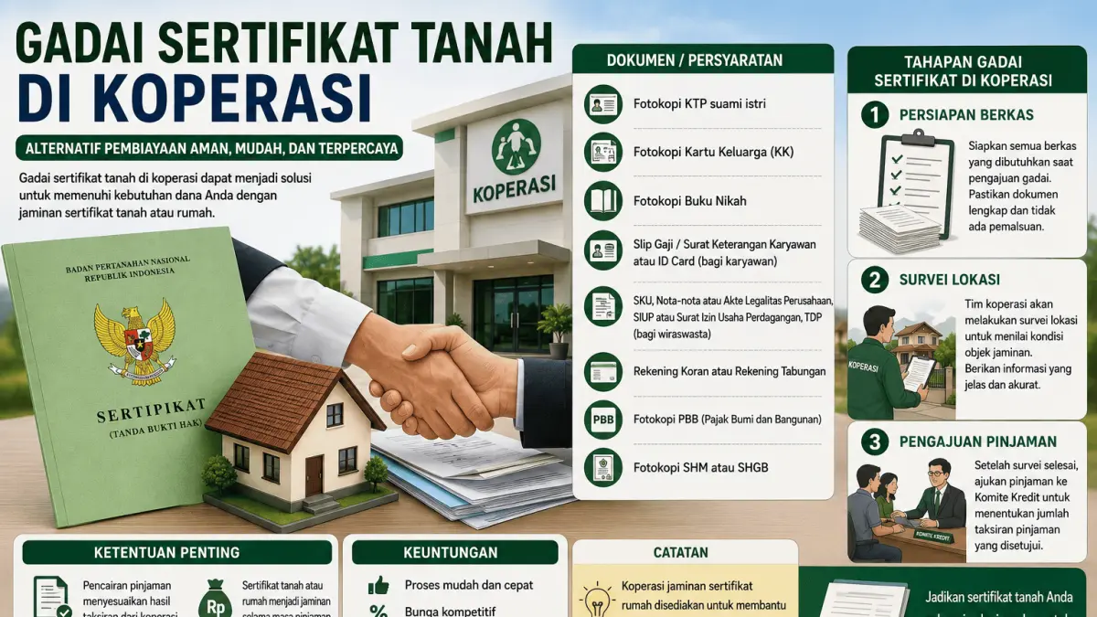 Ilustrasi gadai sertifikat tanah di koperasi dengan sejumlah dokumen persyaratan, survei lokasi, dan proses pengajuan pinjaman.