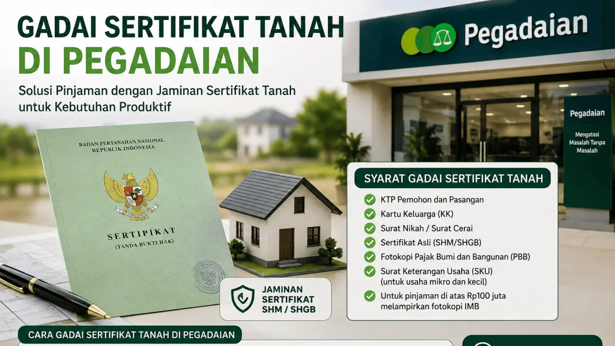 Ilustrasi gadai sertifikat tanah di Pegadaian sebagai jaminan pembiayaan, lengkap dengan persyaratan dokumen dan tahapan pengajuan.