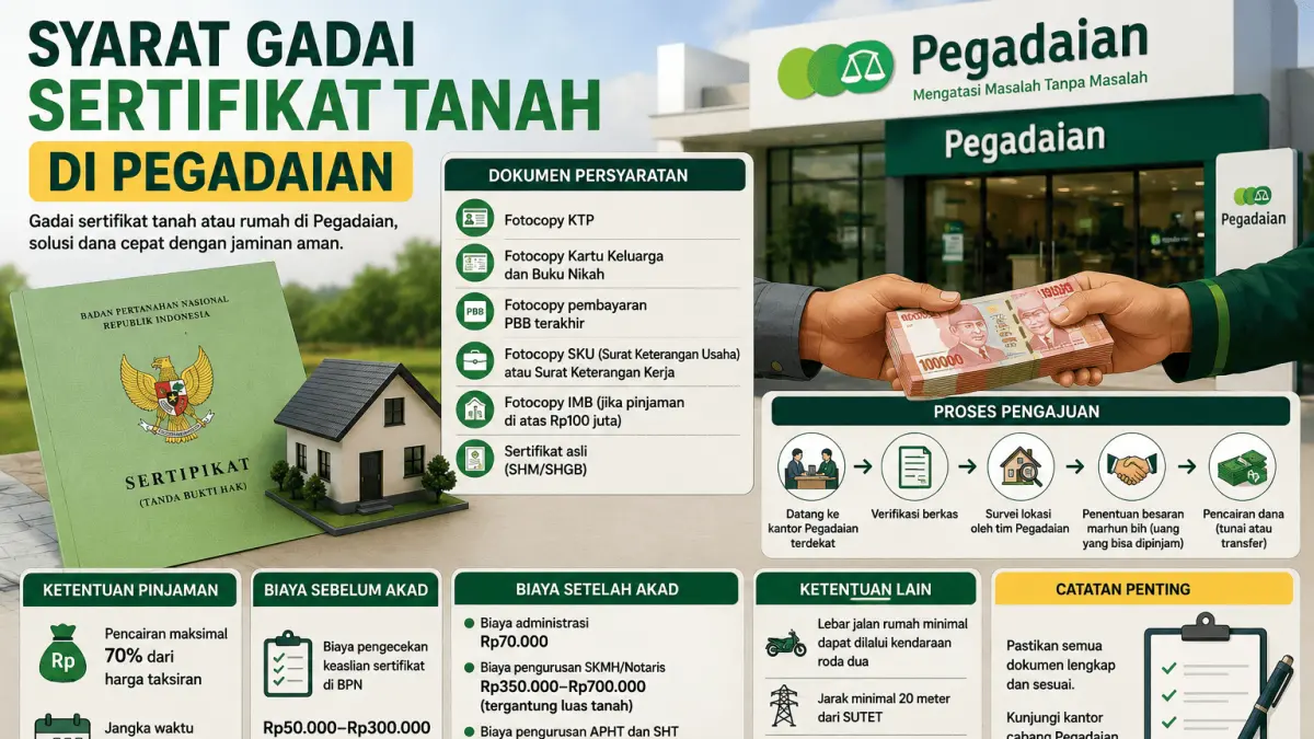 Ilustrasi persyaratan dan proses pengajuan gadai sertifikat tanah di Pegadaian dengan jaminan sertifikat tanah atau rumah.