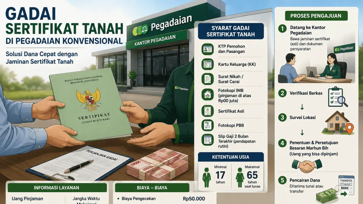 Ilustrasi proses pengajuan gadai sertifikat tanah di Pegadaian konvensional dengan sejumlah dokumen persyaratan sebagai jaminan pinjaman.