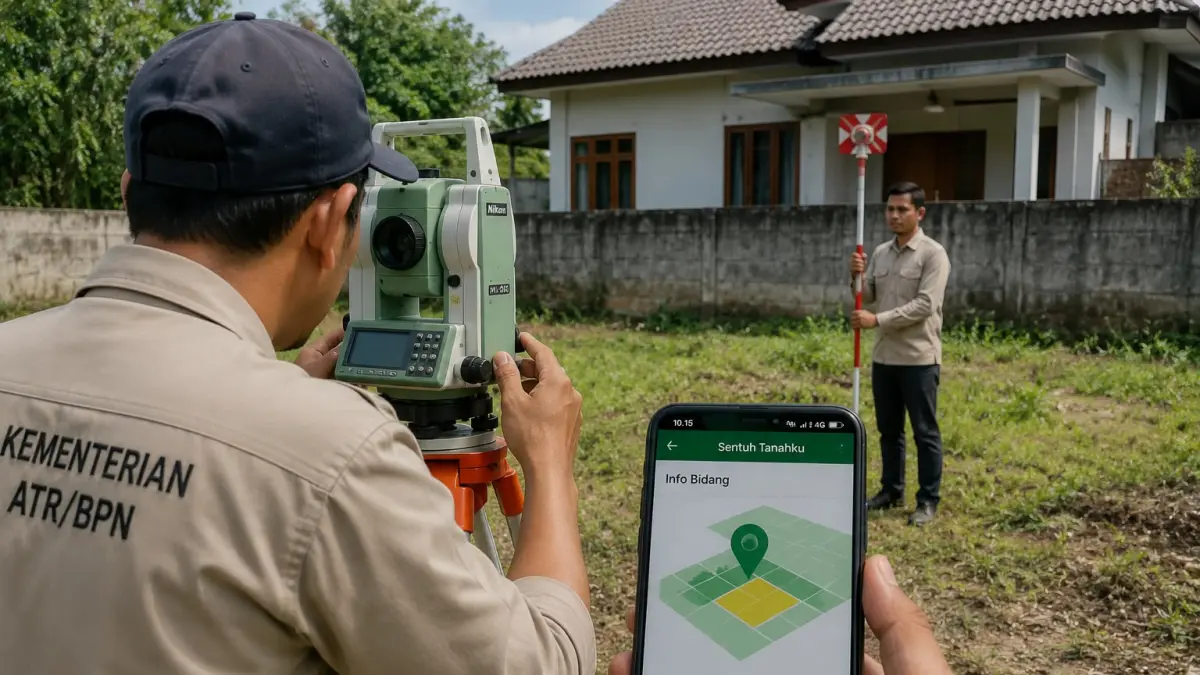 Petugas melakukan pengukuran dan pemetaan bidang tanah untuk proses floating.
