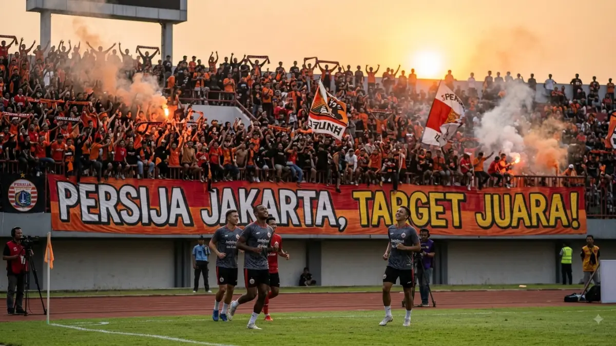 Gambar ini menampilkan para suporter Persija (Jakmania) yang sedang bernyanyi dan bersorak di Stadion Gelora Bung Karno saat matahari terbenam. Di latar belakang, terlihat sebuah spanduk suporter yang bertuliskan "Persija Jakarta, Target Juara!". Di tepi lapangan, terlihat para pemain baru sedang melakukan pemanasan dengan ekspresi bahagia dan antusias. Kontradiksi antara kesiapan para pemain baru dan semangat Jakmania menciptakan visual yang kuat tentang optimisme tim untuk musim depan.