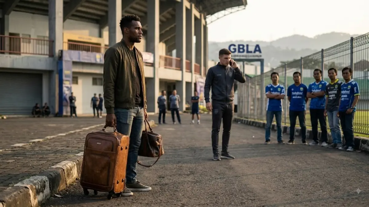 Gambar ini menampilkan Federico Barba berdiri di area parkir Stadion Gelora Bandung Lautan Api, memegang koper dan tas jinjing dengan ekspresi murung dan terbebani, menatap ke kejauhan seolah sedang memikirkan masalah keluarga. Di latar belakang, namun terpisah, terlihat Bojan Hodak berdiri di dekat pintu masuk stadion, sedang berbicara di telepon dengan wajah serius namun tegas, seolah sedang menyelesaikan masalah kontrak, sementara beberapa suporter Persib melihat Barba dengan tatapan sedih dan bingung. Kontradiksi antara kesiapan Barba untuk pergi (koper) dan ketegasan Hodak untuk mempertahankannya (percakapan di telepon) menciptakan visual yang kuat tentang situasi tersebut.