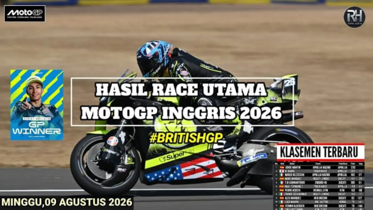 Hasil MotoGP Inggris 2026 menempatkan Raul Fernandez sebagai juara, sementara Jorge Martin tetap memimpin klasemen MotoGP dengan 240 poin.