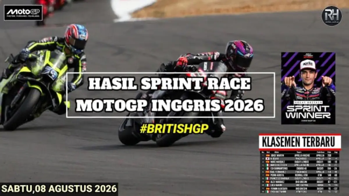 Hasil sprint MotoGP Inggris 2026 menempatkan Jorge Martin sebagai juara, disusul Ai Ogura dan Marco Bezzecchi di podium.