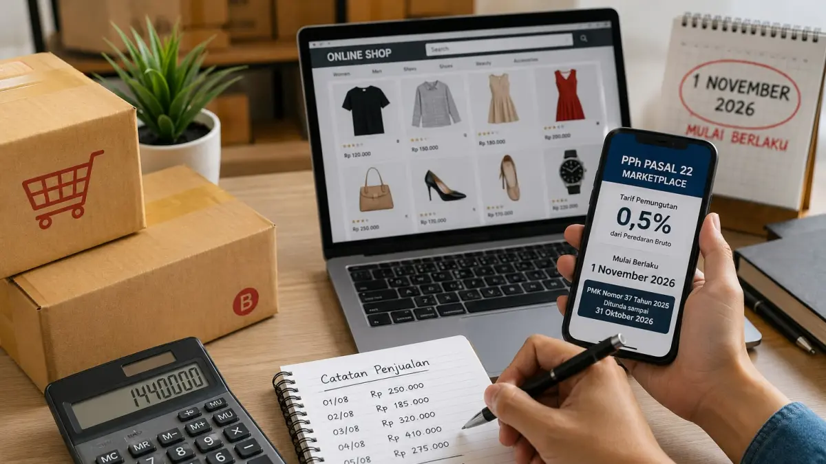 Pelaku usaha online menyiapkan pencatatan penjualan dan administrasi pajak sebelum aturan PPh Pasal 22 marketplace berlaku. (Ilustrasi AI)