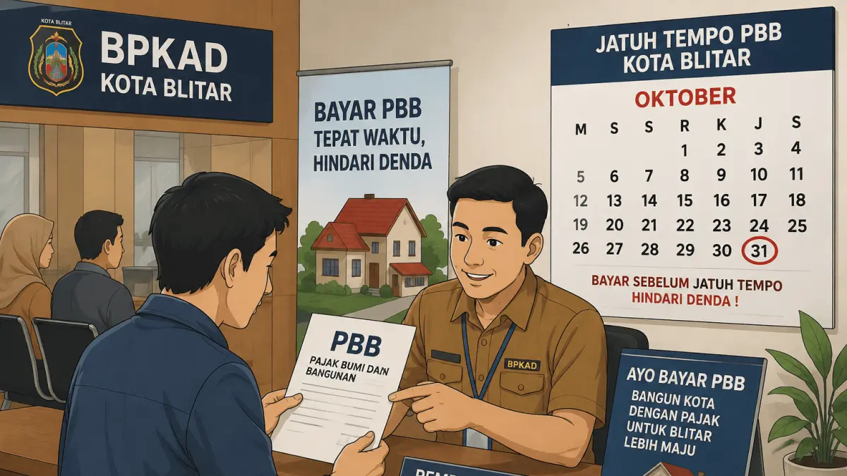 Warga Kota Blitar diimbau tidak menunda pembayaran PBB hingga mendekati jatuh tempo. BPKAD Kota Blitar menyebut pembayaran PBB tahun ini jatuh tempo pada Oktober.