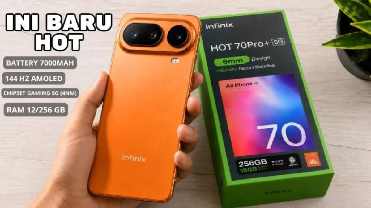Infinix Hot 70 Pro Plus bocor dengan layar AMOLED 144Hz, Dimensity 7400, baterai 7.000 mAh, IP68, dan harga diprediksi mulai Rp3 jutaan.