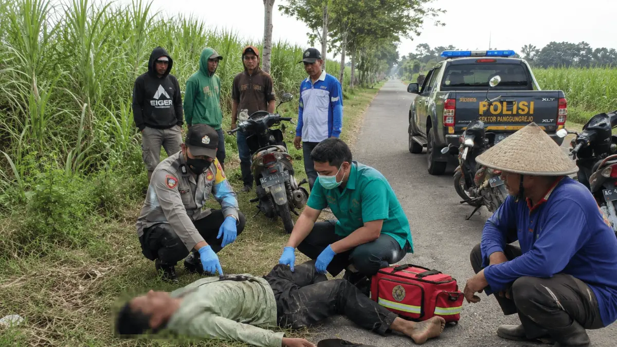 MUSIBAH: Polisi dan tim medis memeriksa petani tebu yang ditemukan meninggal di pinggir jalan Desa Margomulyo, Kecamatan Panggungrejo.