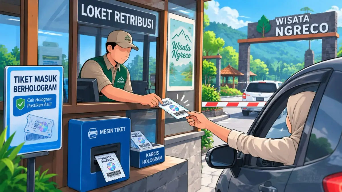 Pengunjung menerima tiket berhologram di pintu masuk kawasan wisata Ngreco, Kabupaten Blitar. (Ilustrasi AI)