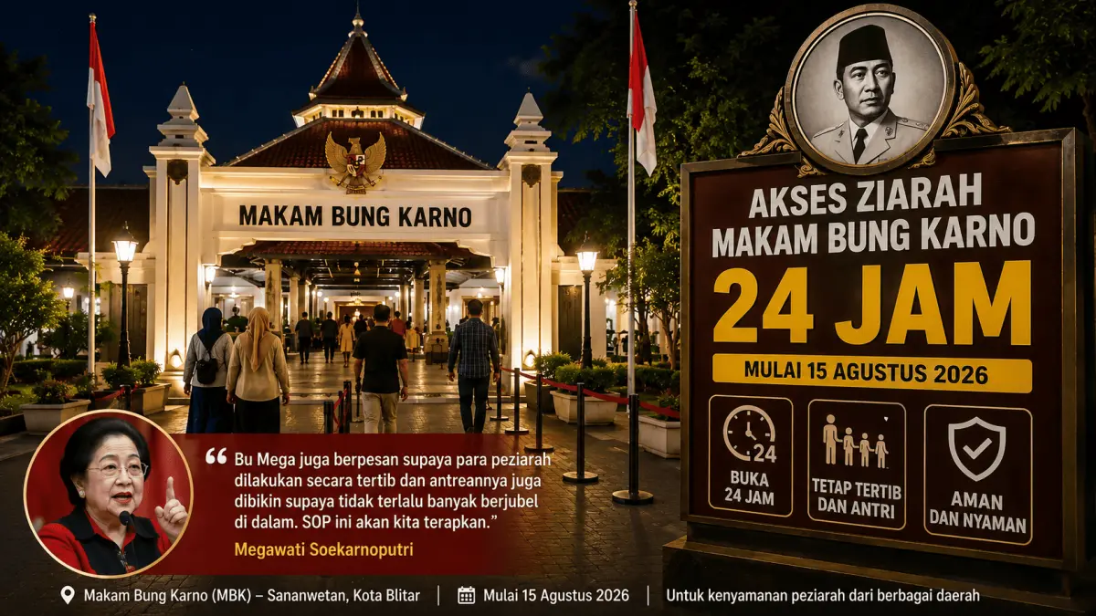 Akses ziarah Makam Bung Karno (MBK) di Kota Blitar resmi dibuka 24 jam mulai 15 Agustus 2026. Kebijakan ini ditujukan untuk memberi keleluasaan bagi peziarah dari berbagai daerah, dengan tetap mengutamakan ketertiban, antrean, keamanan, dan kenyamanan pengunjung. 