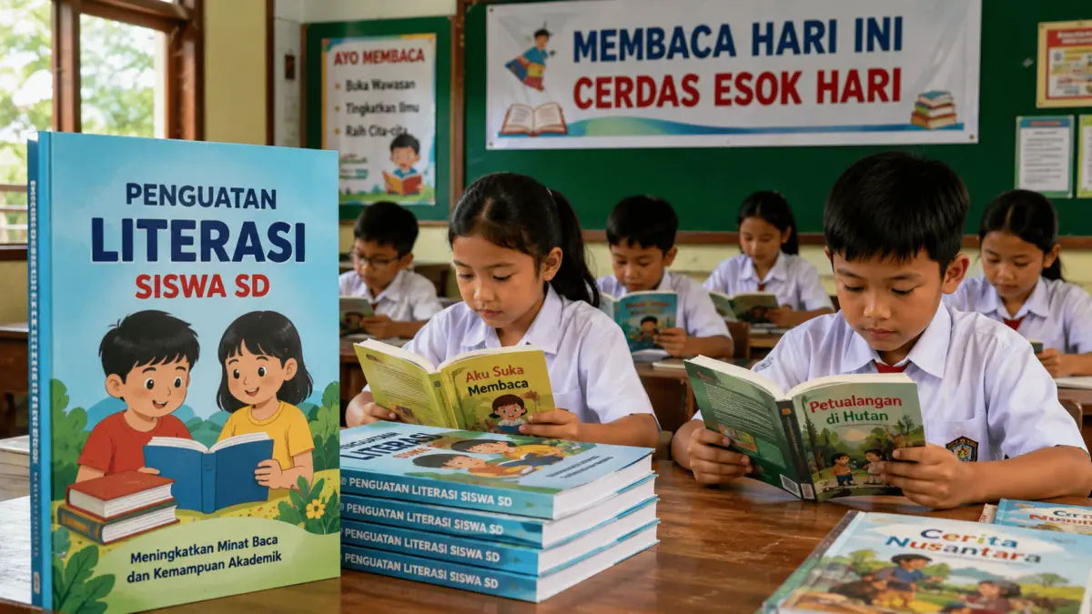 Ilustrasi siswa sekolah dasar membaca buku sebagai bagian dari penguatan literasi untuk meningkatkan minat baca dan kemampuan akademik.