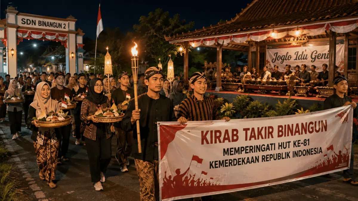 Warga mengikuti kirab takir dalam rangka memperingati HUT ke-81 Kemerdekaan Republik Indonesia di Desa/Kecamatan Binangun, Senin (17/8) malam. Tradisi ini menjadi momentum mempererat gotong royong sekaligus mengenalkan warisan budaya kepada generasi muda.