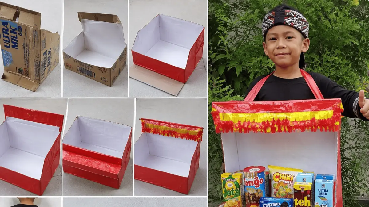 Ide kostum karnaval bertema pedagang dari kardus bekas dan plastik kresek.