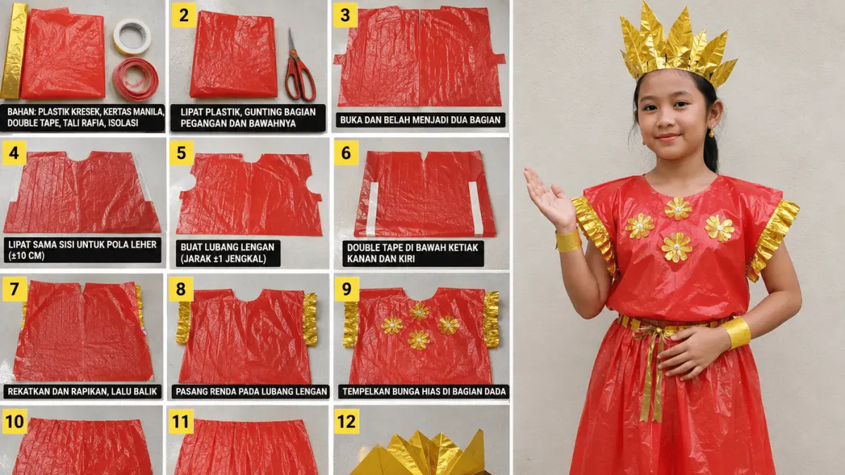 Kostum baju bodo dari plastik kresek yang dihias dengan kertas manila emas, lengkap dengan rok dan mahkota untuk kebutuhan karnaval.