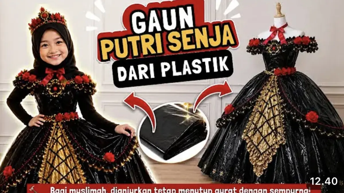 Tutorial gaun ratu malam dari plastik viral di YouTube. Simak langkah membuat busana unik dari plastik layangan, packing, dan aksesori sederhana.