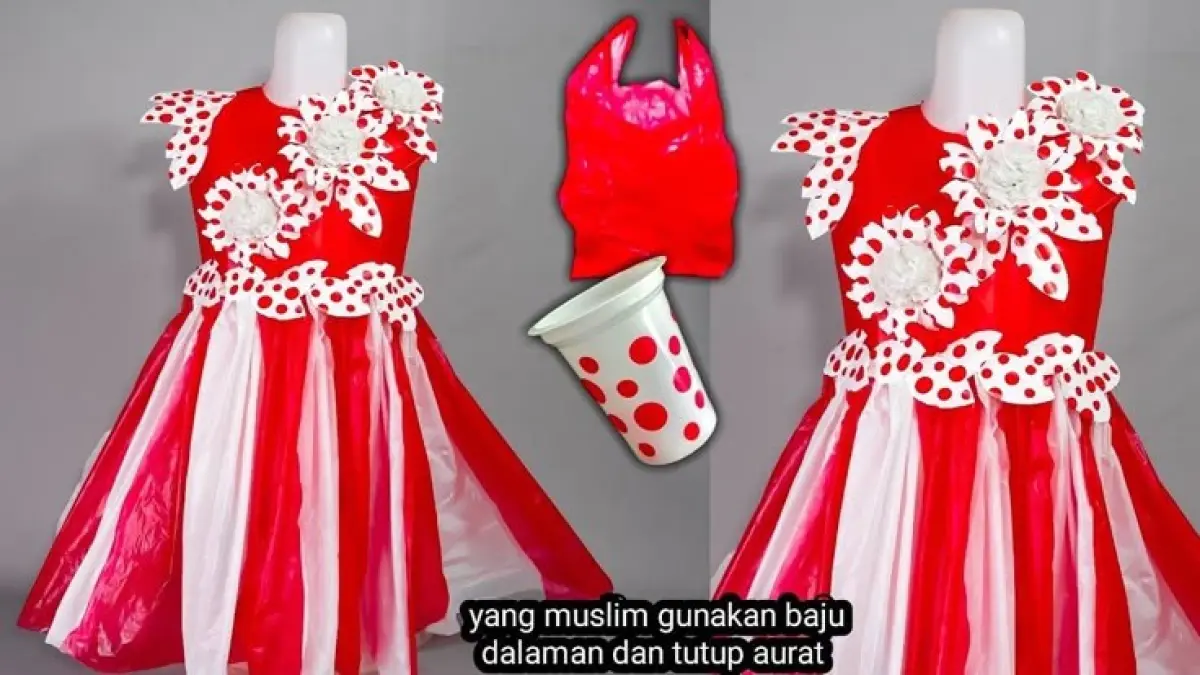 Tutorial membuat atasan gaun Bara Pertiwi dari plastik kresek untuk anak usia 8 tahun dengan ornamen merah putih, renda, pita, dan bunga.