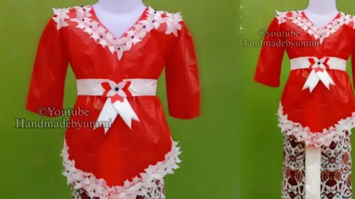 Atasan kebaya dari plastik kresek bisa dibuat untuk kostum karnaval anak. Simak cara membuat pola, lengan, ikat pinggang, dan hiasannya.