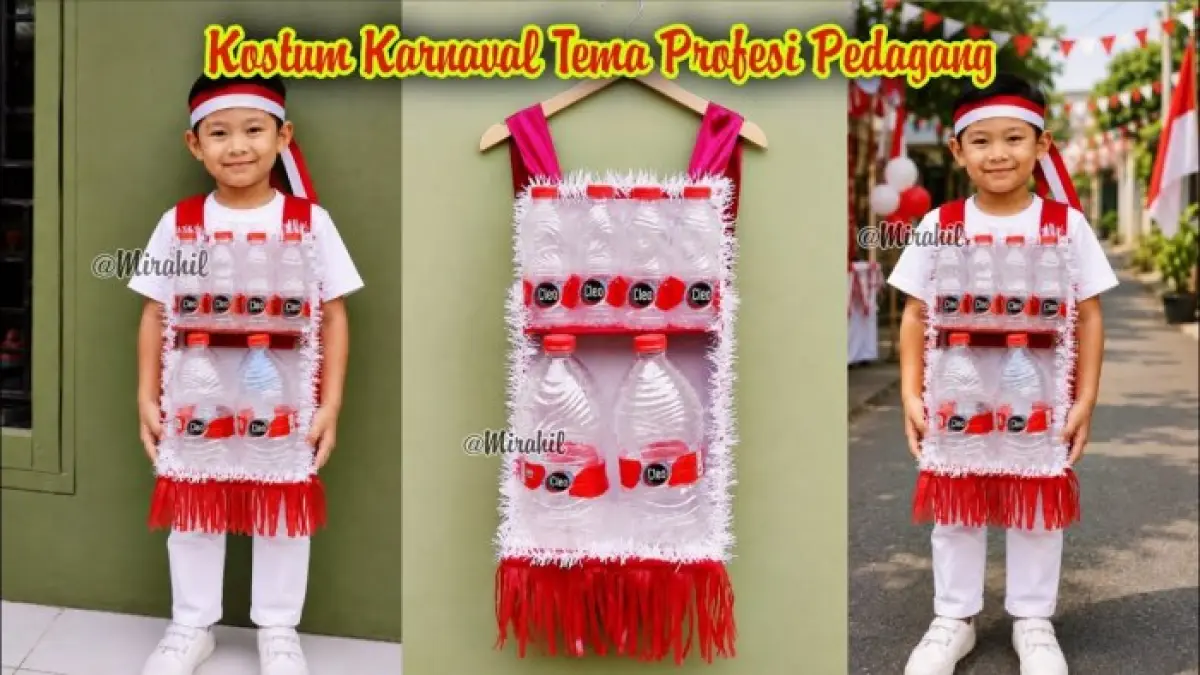 Kostum karnaval pedagang bisa dibuat dari kardus bekas susu dan plastik kresek. Simak cara membuat rak jualan hingga properti dagangannya.