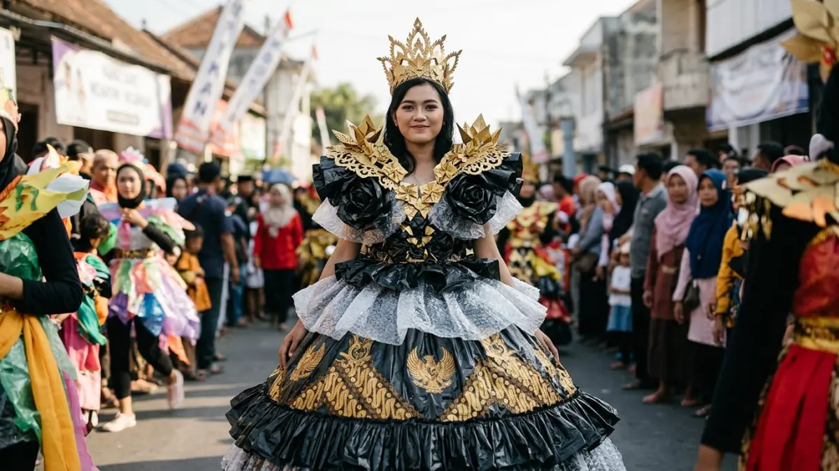 Kreatif dan hemat, bubble wrap serta plastik kresek disulap menjadi gaun karnaval bernuansa emas dengan motif batik yang unik.