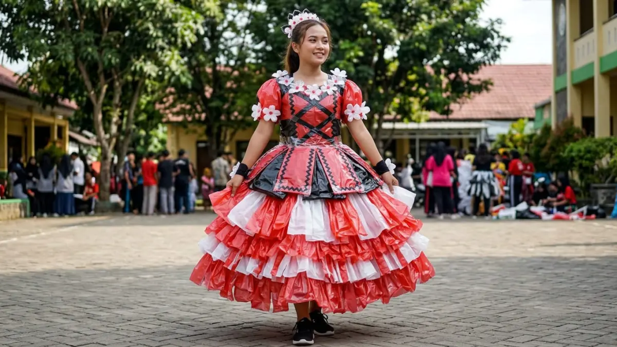 Kreatif dan hemat, plastik kresek bisa disulap menjadi kostum karnaval merah putih lengkap dengan rok bertingkat dan hiasan bunga.