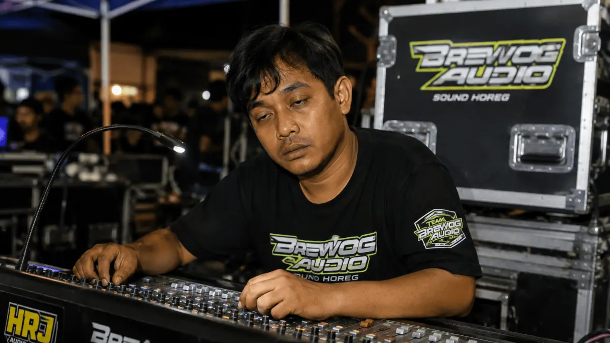 Memet Potensio saat mengoperasikan mixer audio di tengah kesibukannya sebagai teknisi sound horek.
